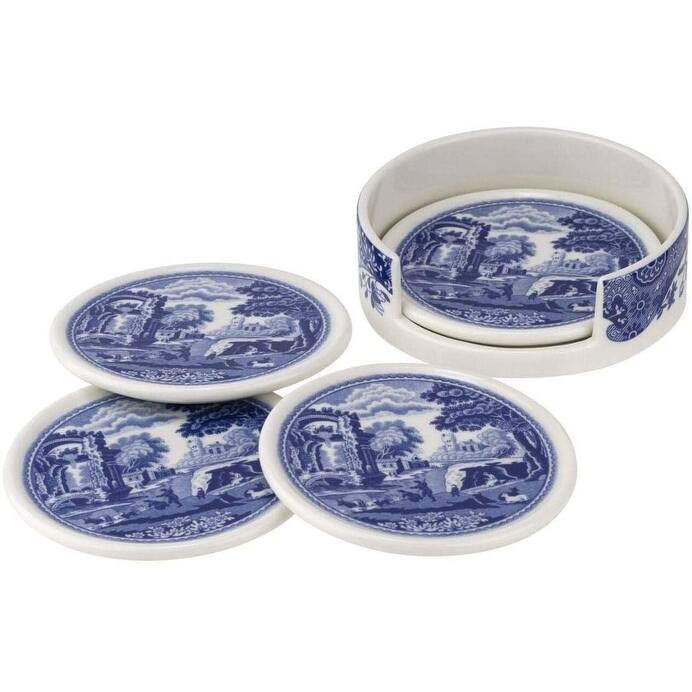 Spode Blue Italian 4 Piece Ceramic Coasters with Holder - Blue/White