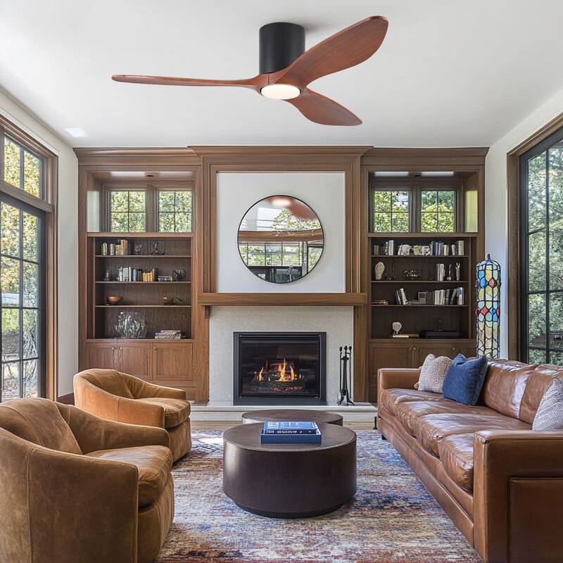 52" Mordern Farmhouse Retro Solid Wood Low Profile Flush Mount Ceiling Fan with Light and Reversible Quiet Motor