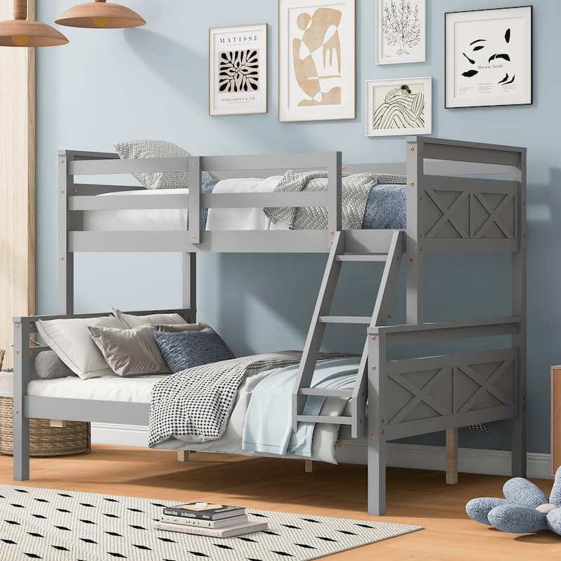 Gray Twin Over Full Bunk Bed with Guardrails and Ladder, Convertible to Two Beds - Gray