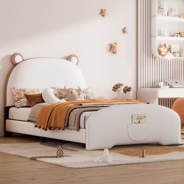 slide 2 of 16, Twin Size Upholstered Platform Bed w/Bear-Shaped Headboard & Footboard White - Twin