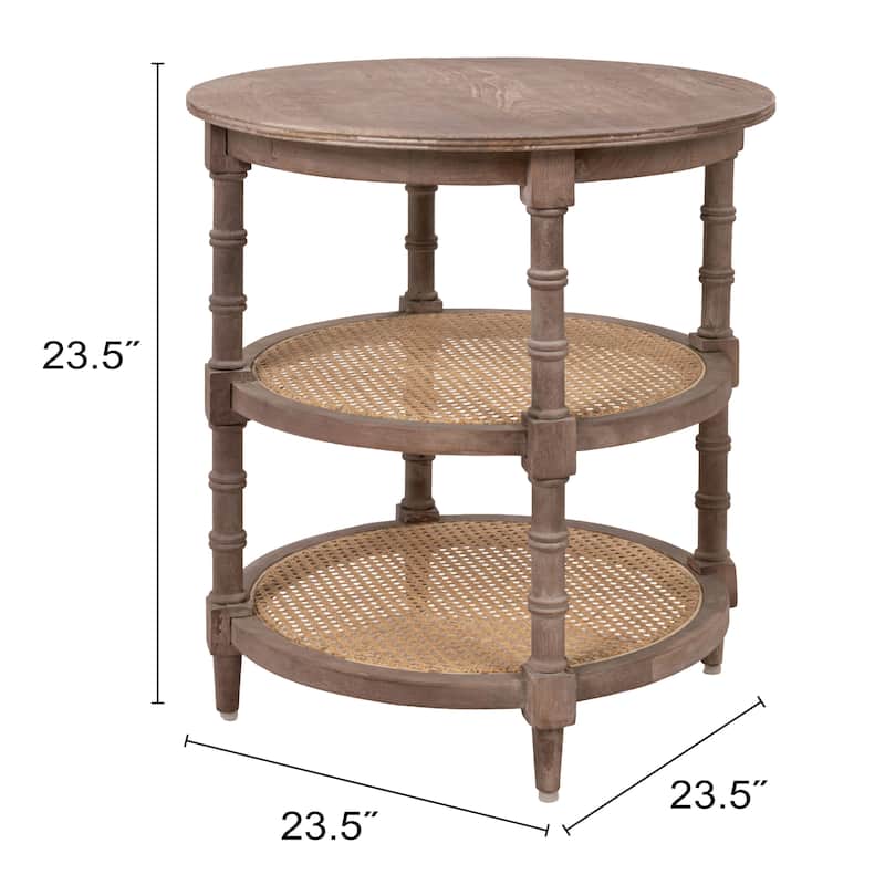 Round Mango Wood Table with 2 Cane Shelves