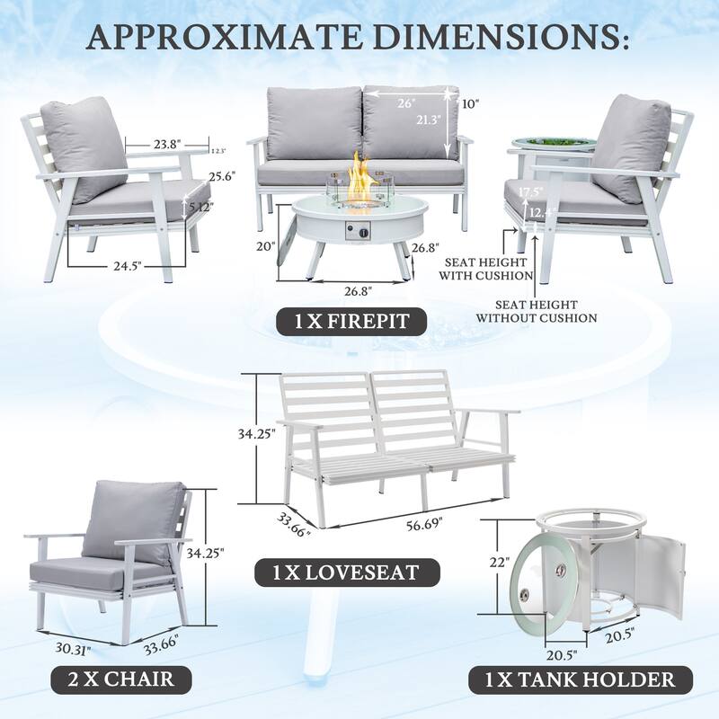 Walbrooke Modern 5-Piece Outdoor Aluminum Conversation Set of 3 Polyester Chairs, Fire Pit Table with Lid and Tank Holder