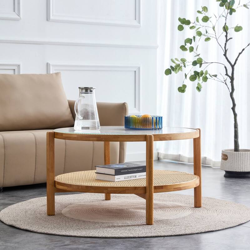 Solid Wood Round Coffee Table with Rattan Woven Shelf