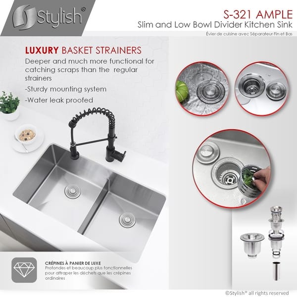 32 L X 18 W Stainless Steel Double Basin Low Divider Undermount Kitchen Sink With Grids And Strainers Overstock 27961590