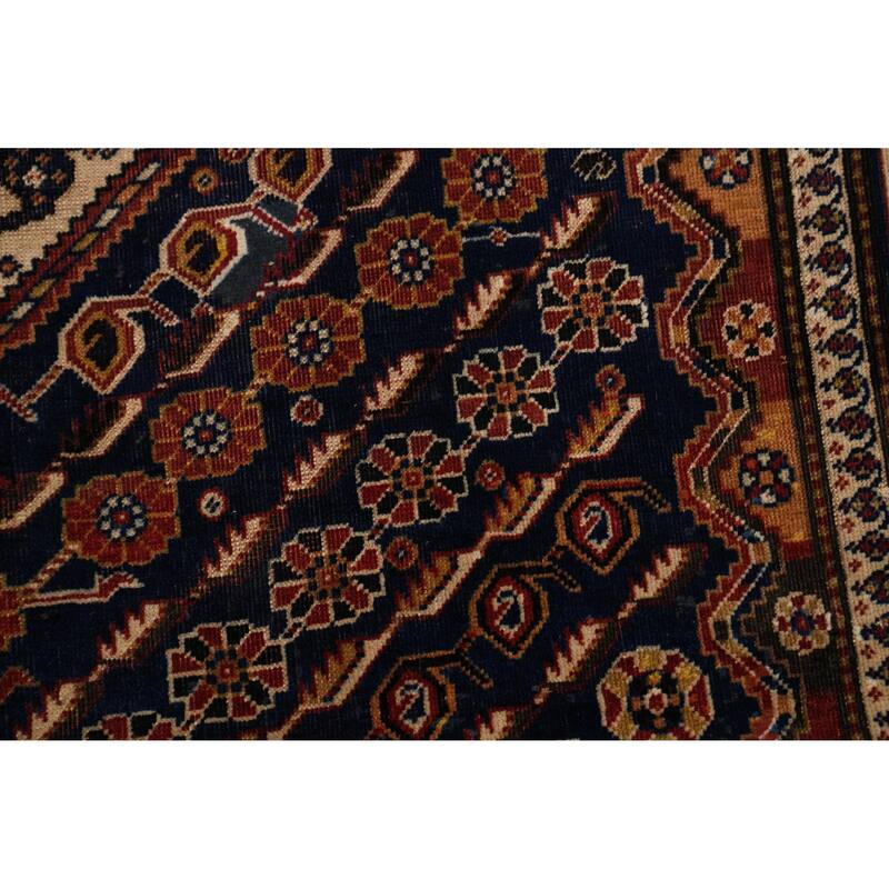 Hand Knotted Oriental 100% Wool Carpet Traditional Geometric Navy Blue & Blues Qashqai Area Rug - 8' 6'' X 5' 3''