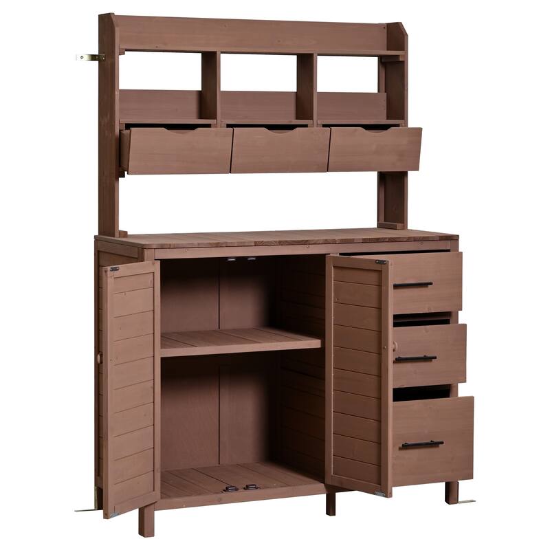 Roomfitters Garden Potting Bench with Storage Hutch, Outdoor Potting Table with 6 Drawers and Cabinets, Shelves