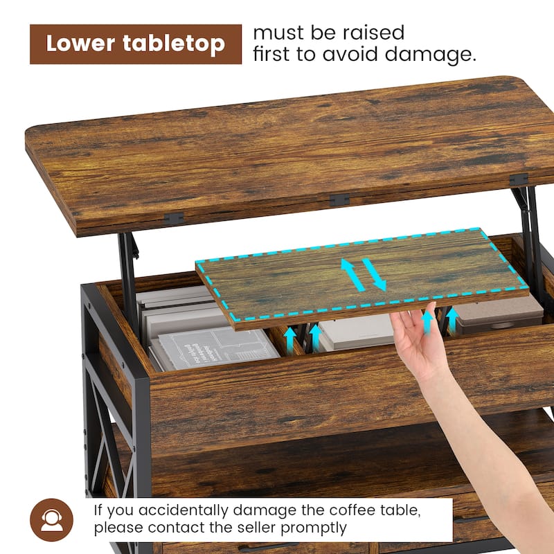 Coffee Table Lift Top 2 Drawers Hidden Compartment for Living Room