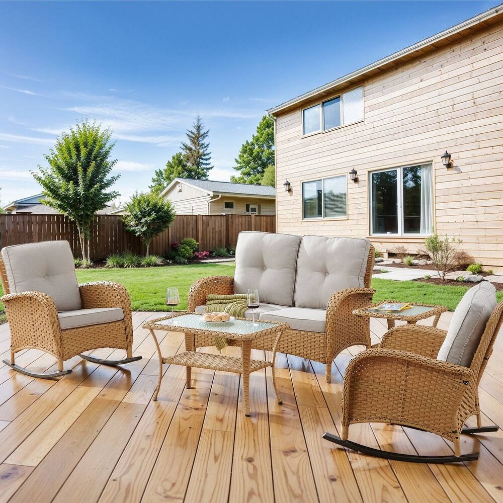 Outdoor Rocking Chair Table with Loveseat - Yellow Beige - Brown