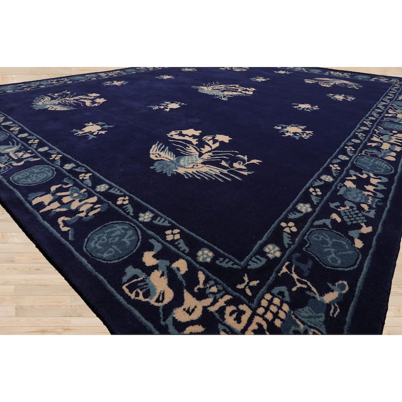Navy Chinese Art Deco New Zealand Wool Hand Tufted Multi Size Oriental Area Rug LoomBloom