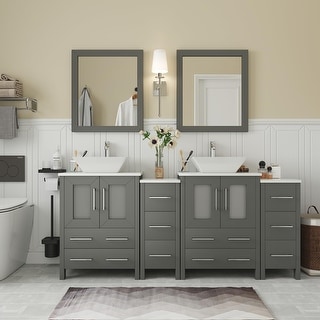 Vanity Art 72" Double Sink Bathroom Vanity Set with Engineered Marble Top and Free Mirror