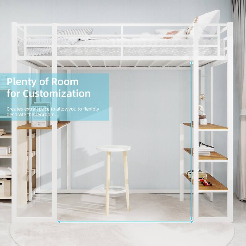 High Iron Bed Frame with Desk, Storage Shelves, Railing and Ladder