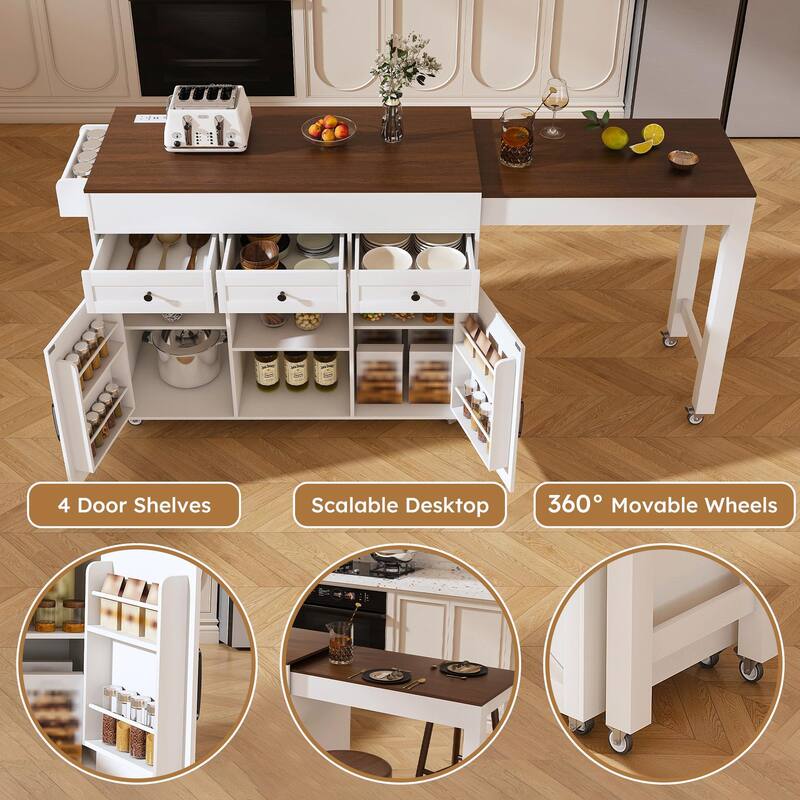 Kitchen Island Cart with Extendable Table, Wheels, Drop Leaf & Storage