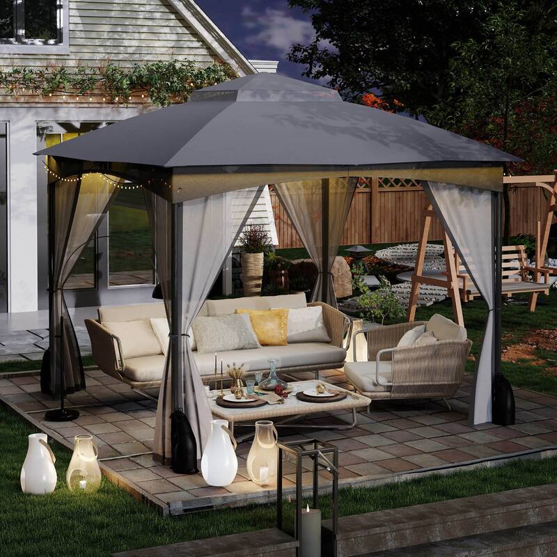 Costway 10 X 10/12 FT Patio Gazebo with Netting Walls 4 Sandbags