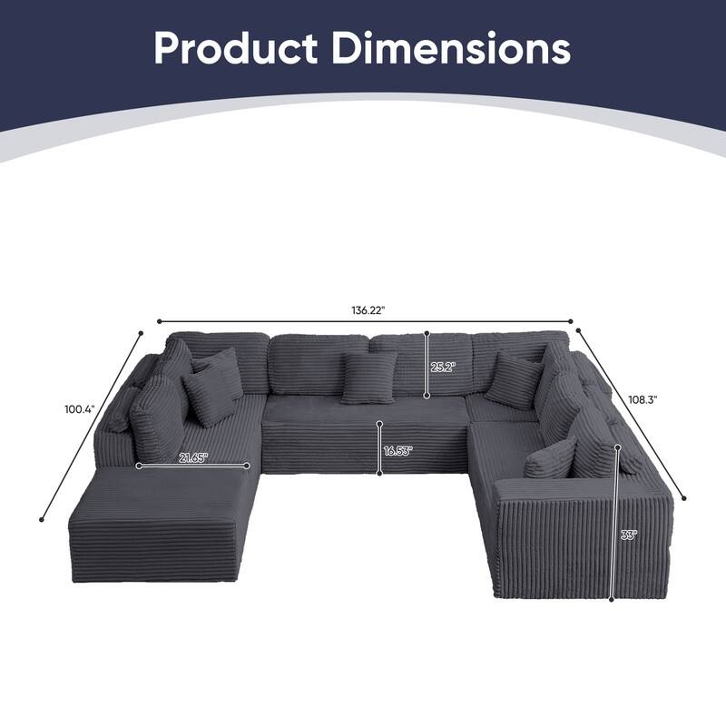 Mixoy 136"U-Shaped Modular Corduroy Sectional Sofa,7-Seater Deep Seats Sofa with Movable Ottoman - U-Shaped