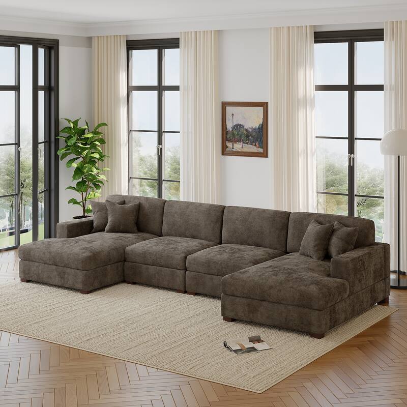 Modern Upholstered Chenille Modular Sectional Sofa with 2 Chaise - Camel-4 Piece