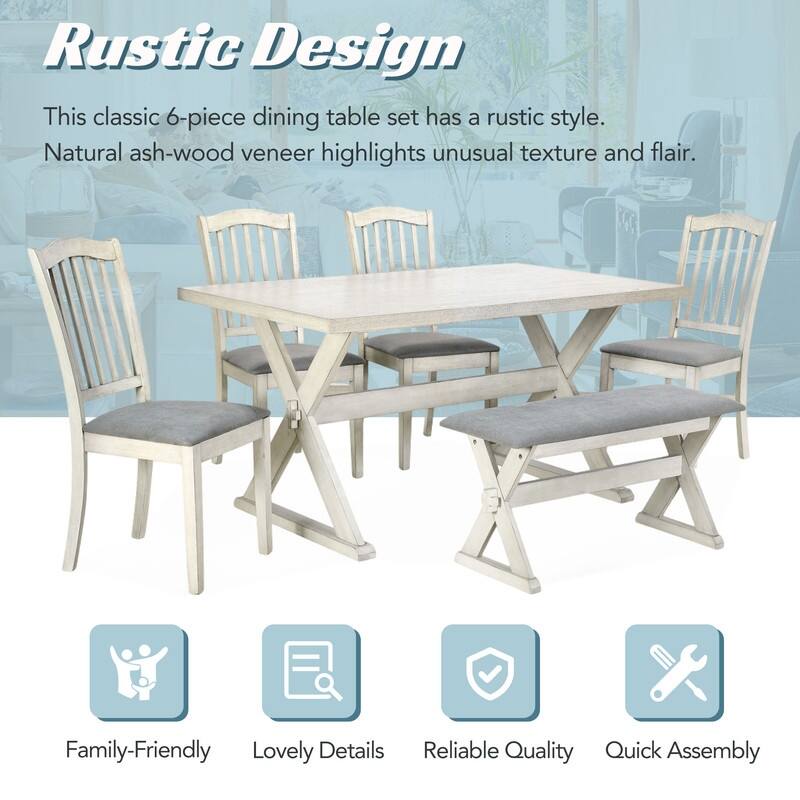 6Piece Rustic Dining Table Set with 4 Upholstered Chairs & 1 Bench