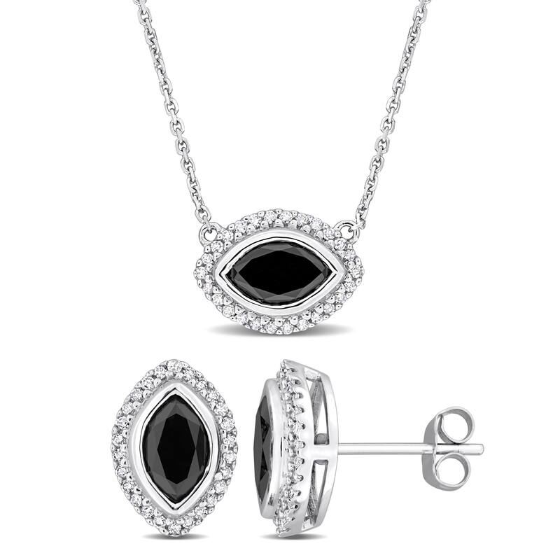 Miadora 3 1/3ct TDW Black White Marquise Diamonds Halo Stud Earrings Necklace Set 14k White Gold