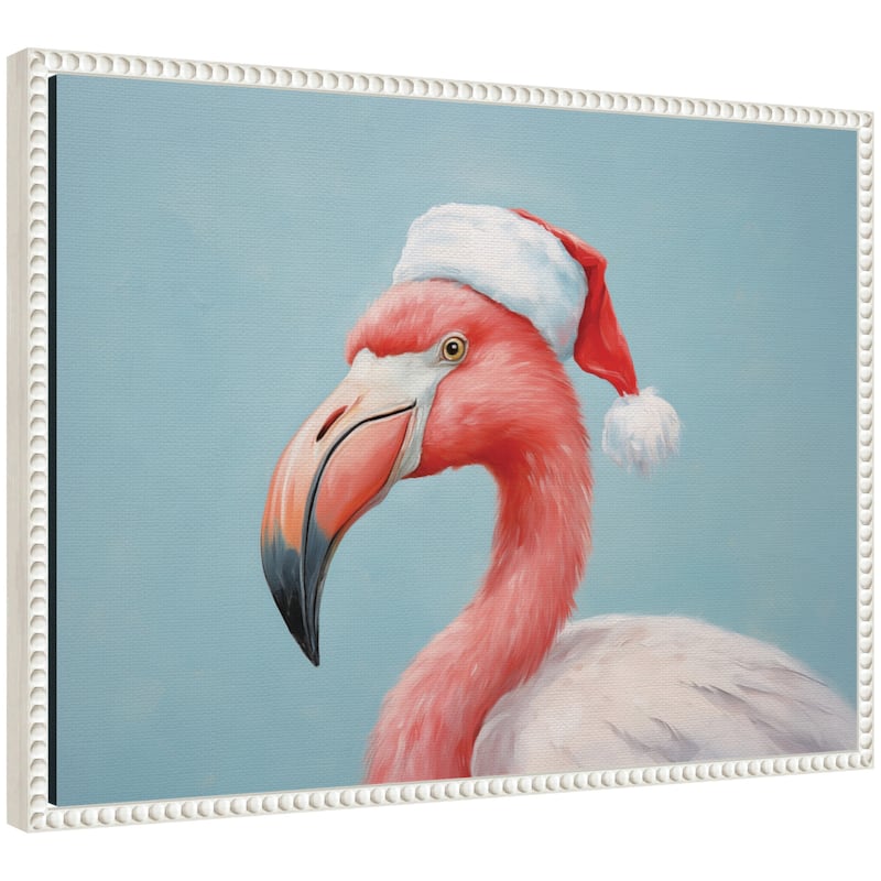 Kate and Laurel Sylvie Beaded Flamingo Santa Hat Portrait Framed Canvas by The Creative Bunch Studio - 18x24