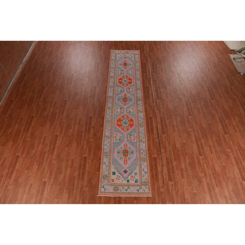 Hand Knotted Oriental 100% Wool Carpet Transitional Geometric Navy Blue & Blues Oushak Runner Rug - 14' 4'' X 3' 1''