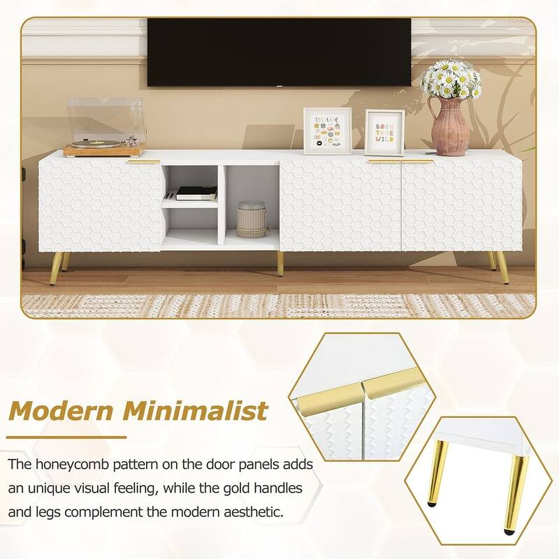 Modern TV Stands with Gold Accents, Fits TVs Up to 80'', White/Black