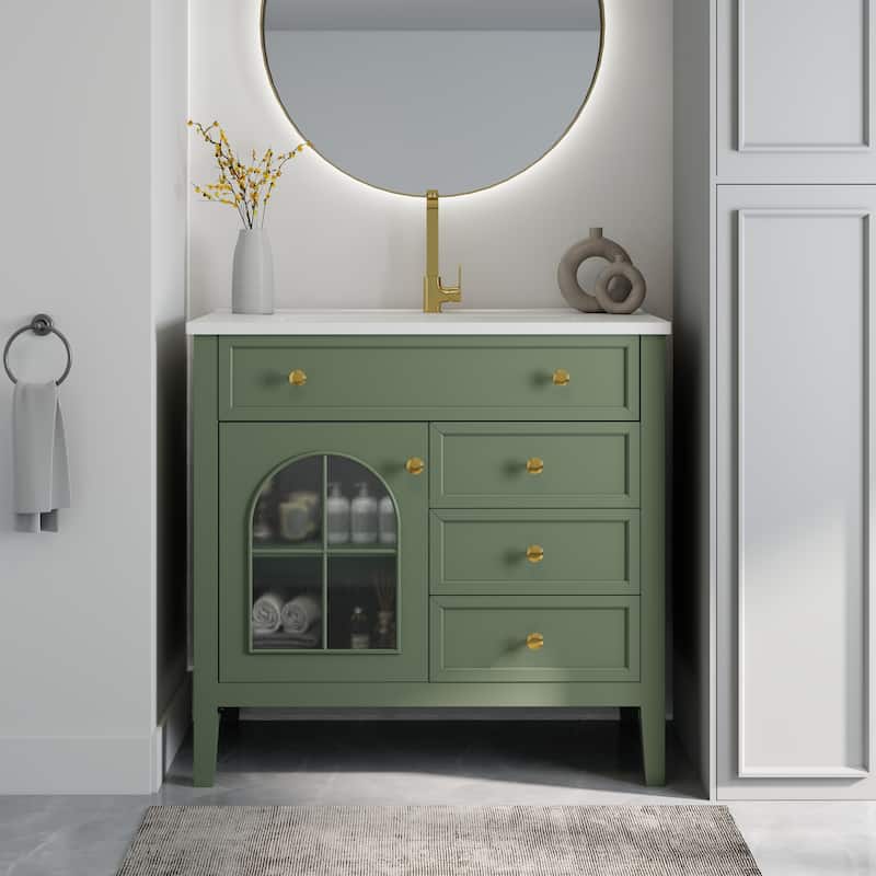 35.6-Inch Mid-Century Bathroom Vanity Sink with Patterned Glass & Motion-Sensor Light Strip, High-End Vanity Cabinet