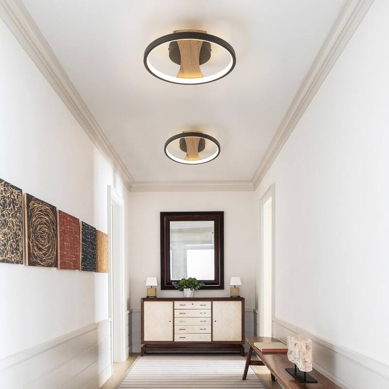 11.8 in. Modern Black Circle Round Wood Integrated LED Semi-Flush Mount Light - 11.8 in. W x 2.5 in. H