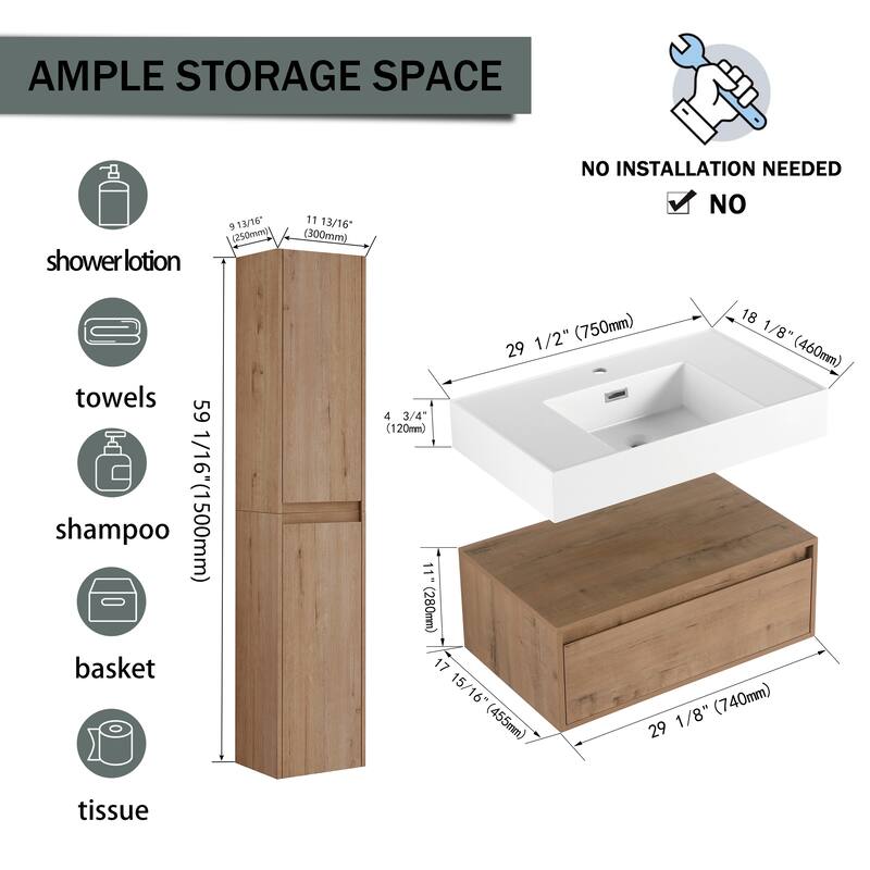 30" Wall-Mounted Bathroom Vanity with Resin Sink, Soft-Close Drawer & Adjustable Side Cabinets, Easy Assembly