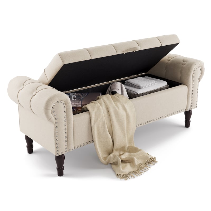 Modern Velvet Upholstered Storage Bench with Silver Nailhead Trim