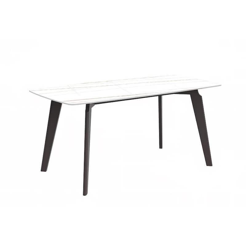 Krevor Modern Dining Table with Rectangular Sintered Stone or Glass Wide Tabletop and Black Steel Base - 62 Inch - White/Gold