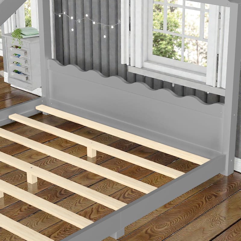 Kids Solid Wood House Floor Bed with Support Slats, Montessori Low Profile Bed, No Box Spring Needed