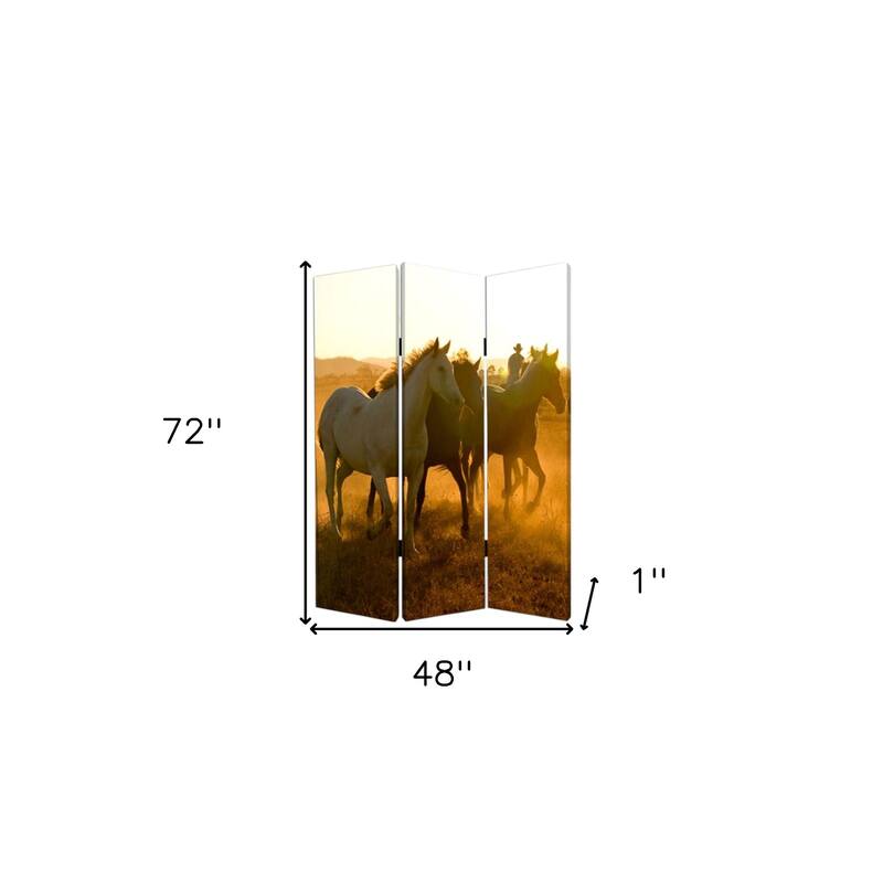 HomeRoots 72" Brown and Black Canvas Folding Three Panel Screen Room Divider - 48' X '72' X '1