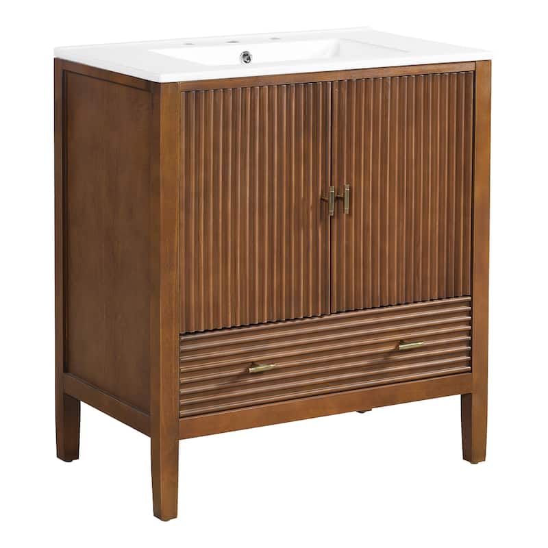 Christopher Knight Home - Mid-Century Freestanding Bathroom Vanity with Ceramic Sink, Flip-Up & Dual Drawers