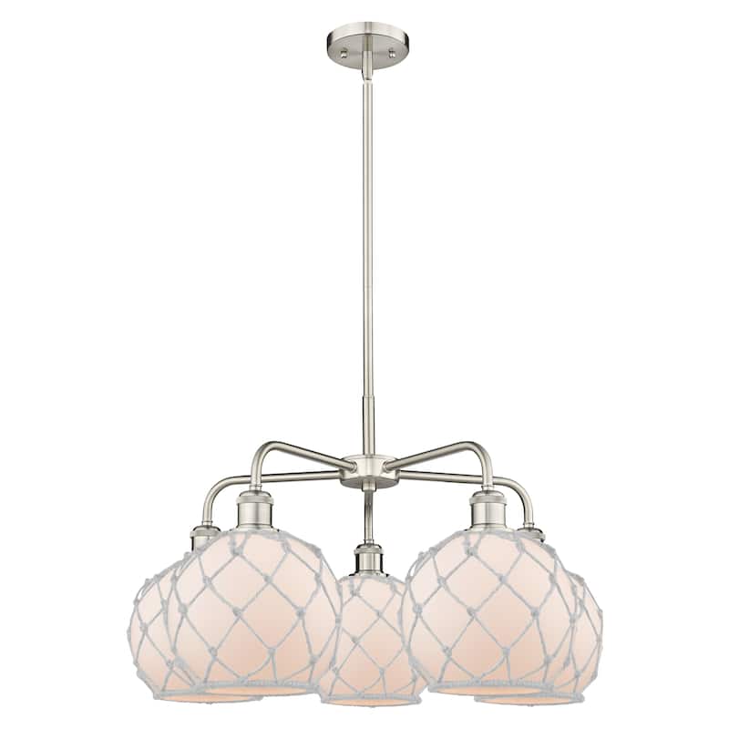 Innovations Lighting Endless Possibilities Ballston - Farmhouse Rope - 5 Light 27" Stem Hung Chandelier - White Glass with White Rope/Satin Nickel