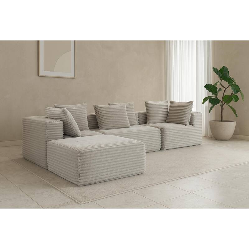 Floor Standing Deep Seat Sofa Corduroy Modular L-shaped Sectional Sofa with Chaise Lounge Compressed Sofa with Ottoman