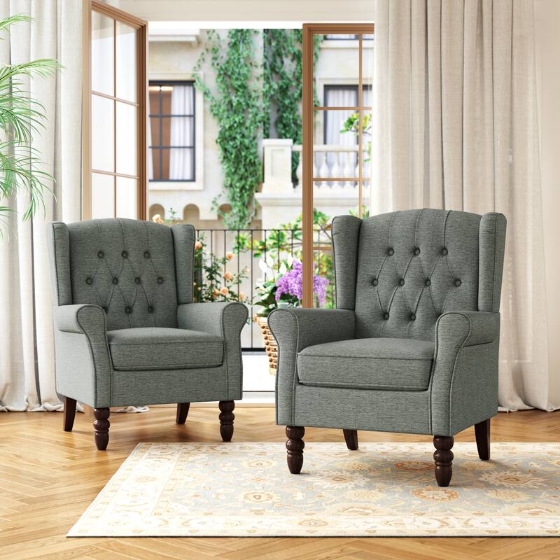 Tufted Wingback Upholstered Accent Chairs Set of 2 - Linen Gray