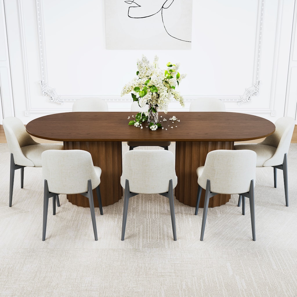 86" Modern Oval Dining Table Set with 8 Upholstered Chairs Black Textured Wood Top & Dual Cylindrical Pedestal Base