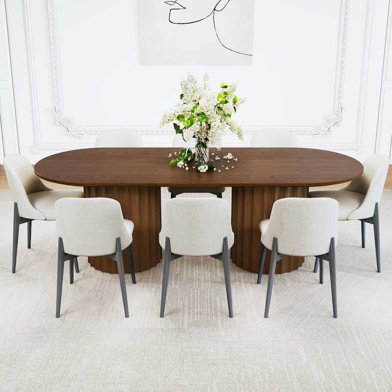 86" Modern Oval Dining Table Set with 8 Upholstered Chairs Black Textured Wood Top & Dual Cylindrical Pedestal Base - Walnut