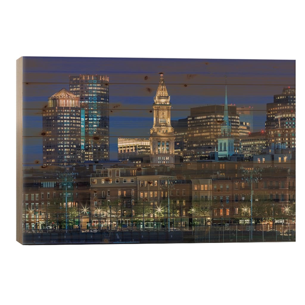 Boston Evening Skyline Of North End & Financial District Print On Wood by Melanie Viola - Multi-Color