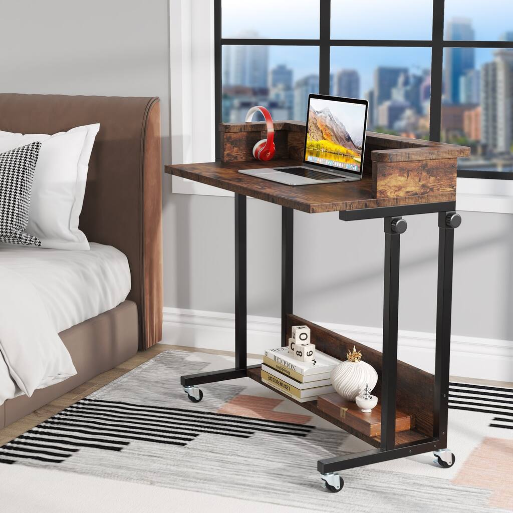 Portable Rolling computer Desk, Adjustable Height Couch Sofa Table with Shelf for Laptop Small Space Workstation