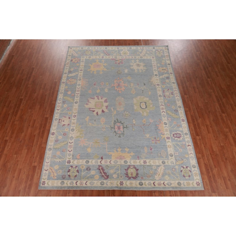Hand Knotted Oriental 100% Wool Carpet Transitional All-Over Navy Blue & Blues Oushak Area Rug - 12' 2'' X 8' 9''