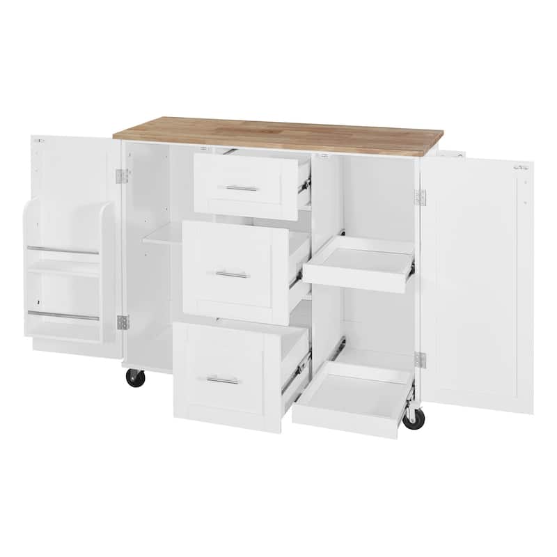 Rubberwood Kitchen Cart with Drop Leaf, Internal Storage Rack, Spice Rack, 2 Slide-Out Shelf, and 3 drawer