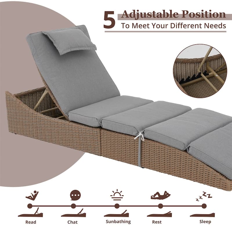 Outdoor PE Wicker Chaise Lounge Chairs, Patio Rattan Reclining Chair Adjustable Backrest Pool Sunbathing Recliners