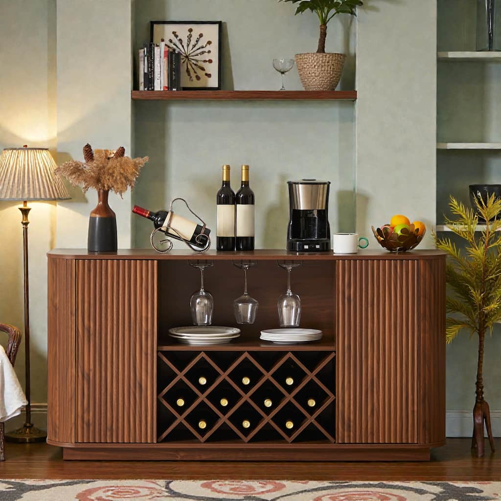 58 in Modern Wavy Curve Sideboard with Wine Rack, Glassware Holder and Adjustable Shelves, Buffet Cabinet for Kitchen