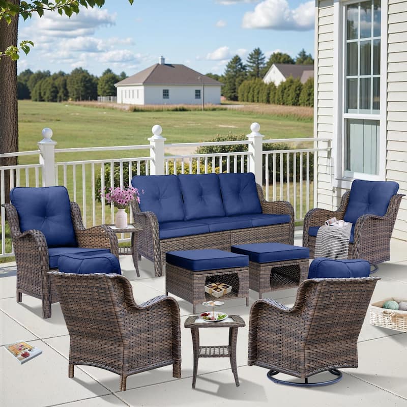 9 Piece Outdoor Wicker Patio Conversation Furniture Swivel Chairs Sets