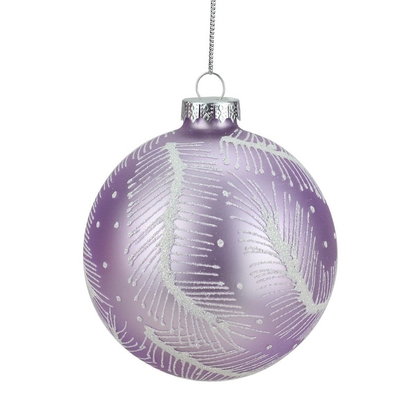 4" Matte Lavender Purple and White Glitter Feathers Glass Ball Christmas Ornament