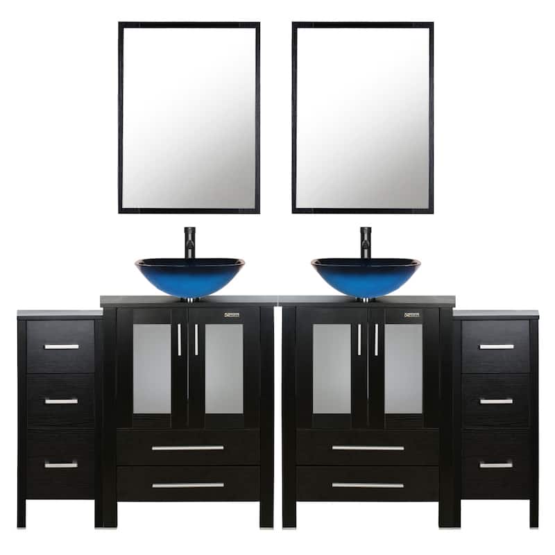 72" Bathroom Vanity Set Glass Ceramic Vessel Sink Side Cabinet Combo