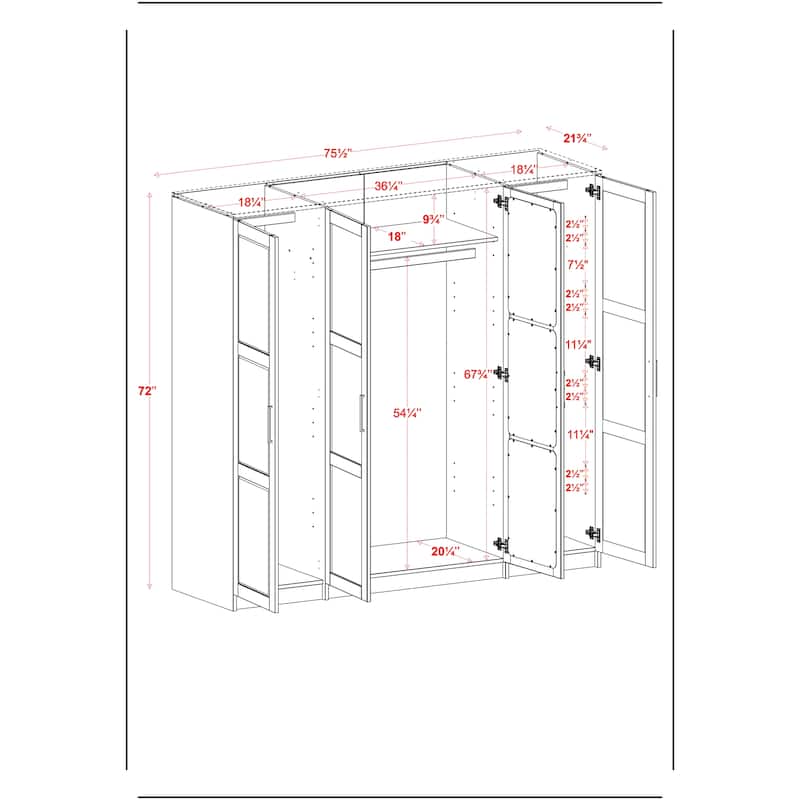 100% Solid Wood Wardrobe Armoire, 4-Door Closet Storage Cabinet, Urban Collection, Palace Imports