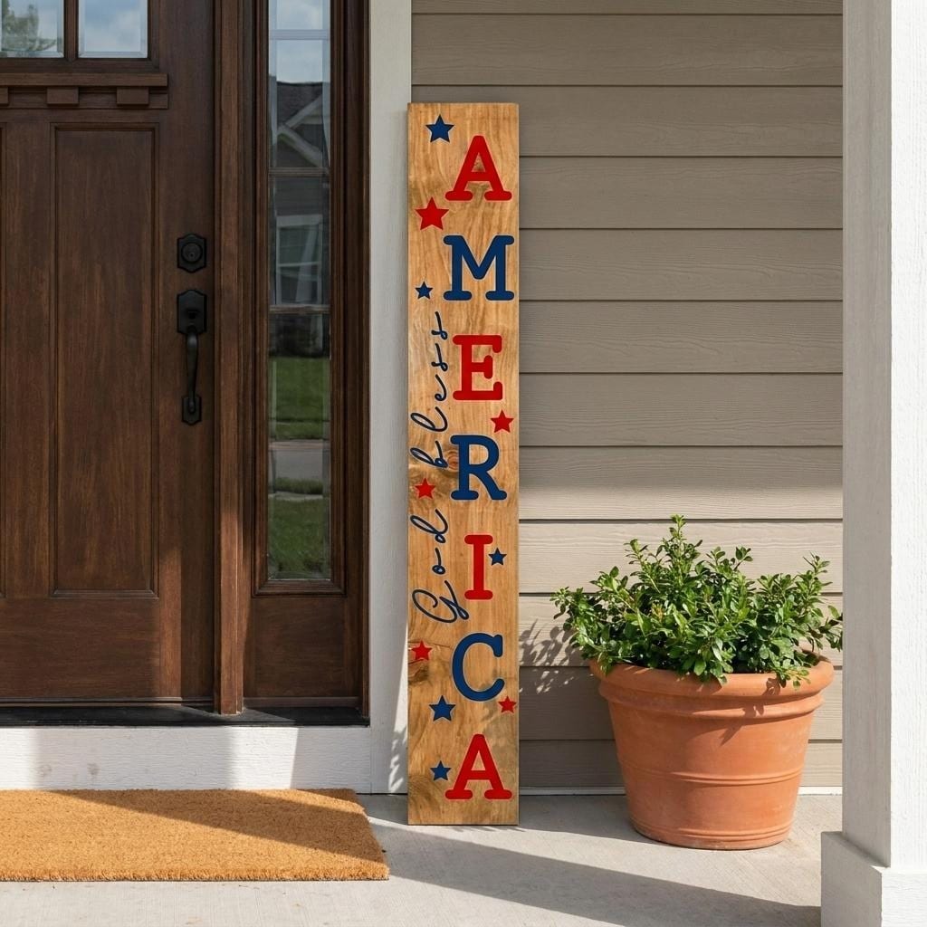 HomeRoots 59" Natural Red And Blue Solid Wood God Bless America Porch Sign