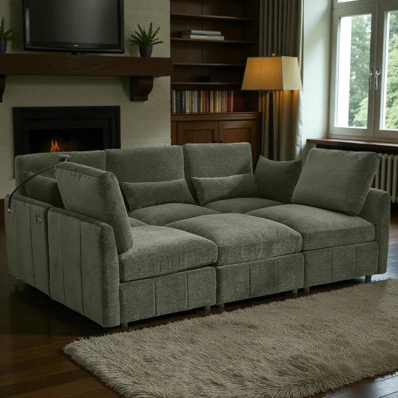 85.4" Modular Sectional Sofa with Movable Ottoman, USB Ports and Phone Holder, Chenille U-Shape Couch for Living Room