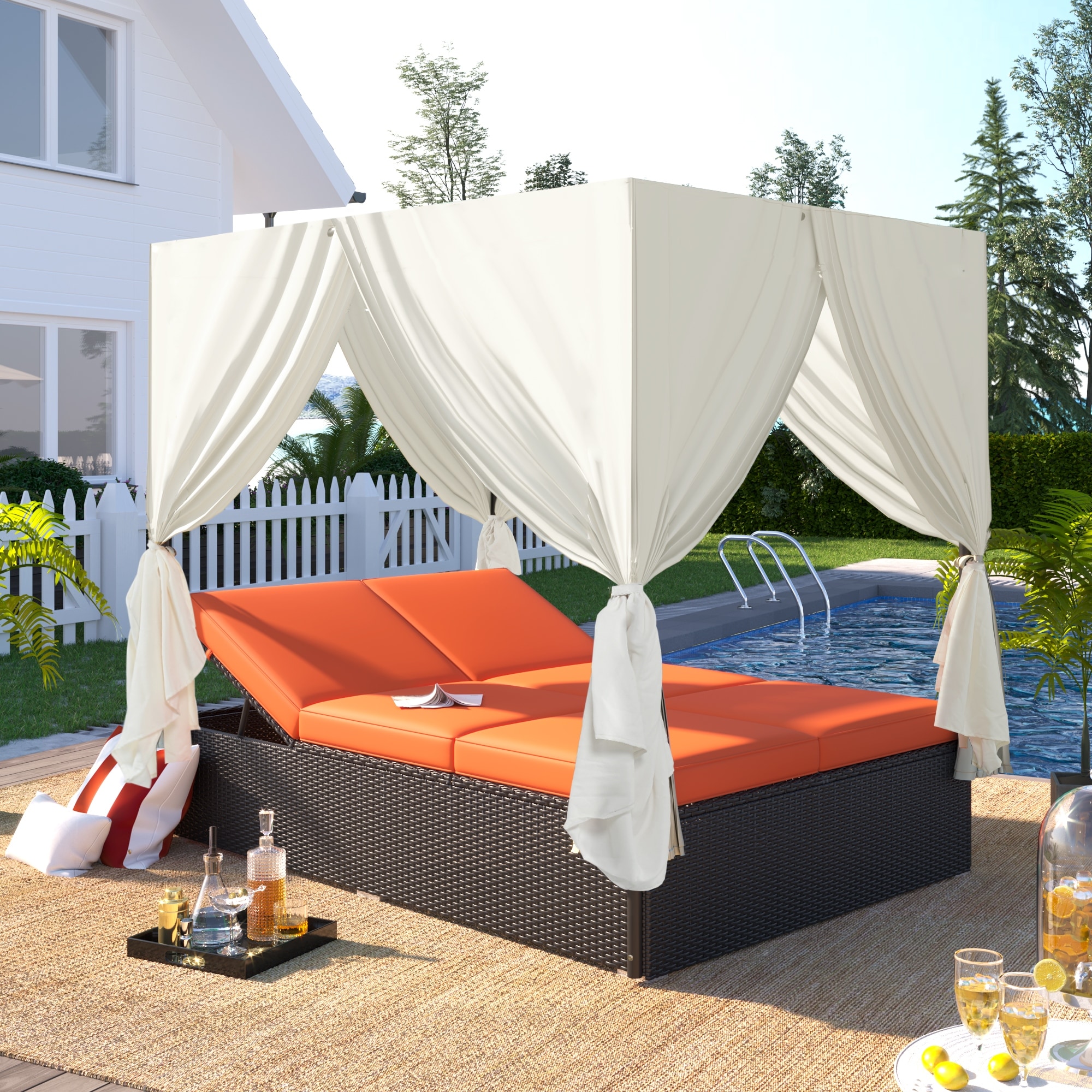 Double Patio Daybed with Curtains & Adjustable Backrest Sturdy Steel Frame Loveseat Sofa